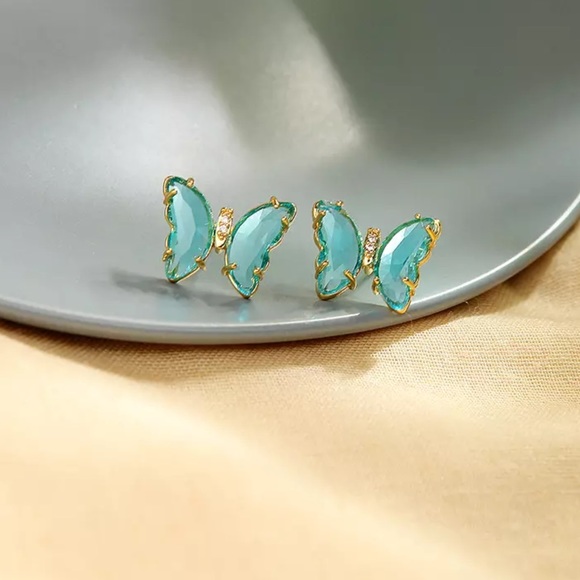 Blue Crystal Butterfly CZ Stud Earrings - Picture 3 of 4